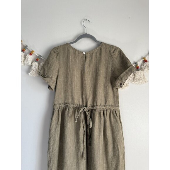 100% Linen Pinstripe Green Puff Sleeve Gathered Midi Shirtdress Coastal Beachy S - Picture 6 of 9